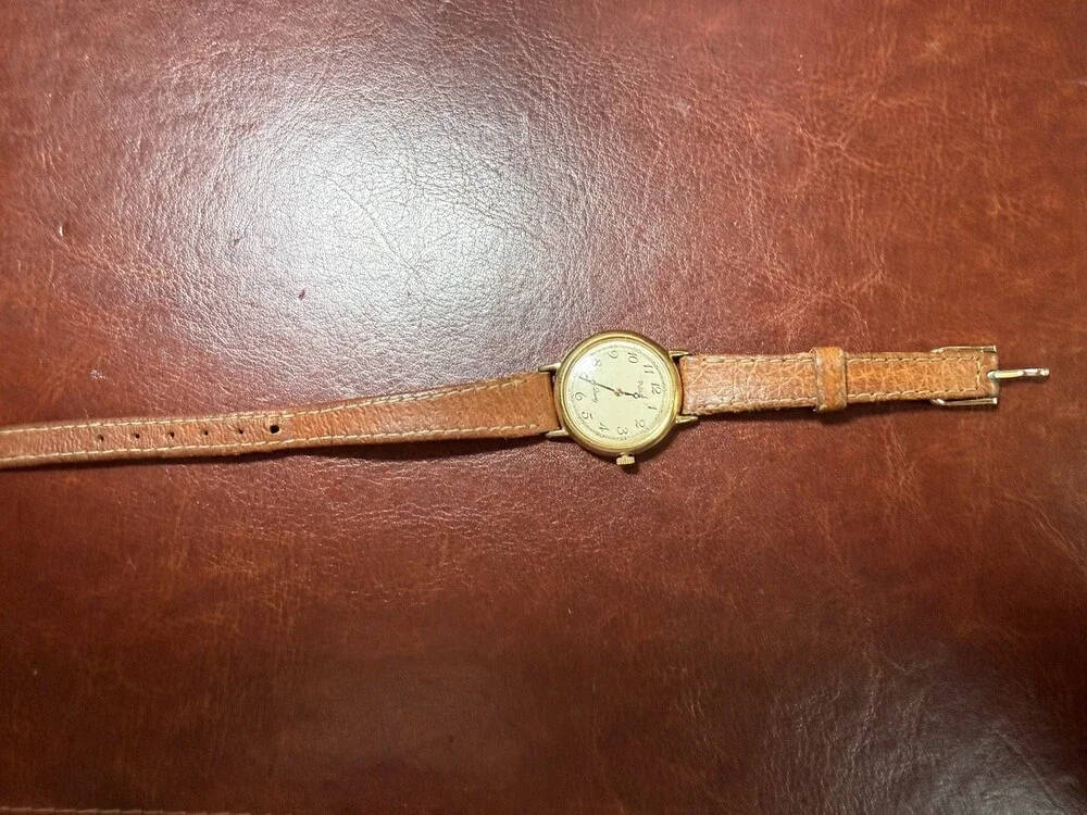 Vintage Pulsar Quartz Gold Tone Watch Brown Leather Band V230-0150 Japan Dial